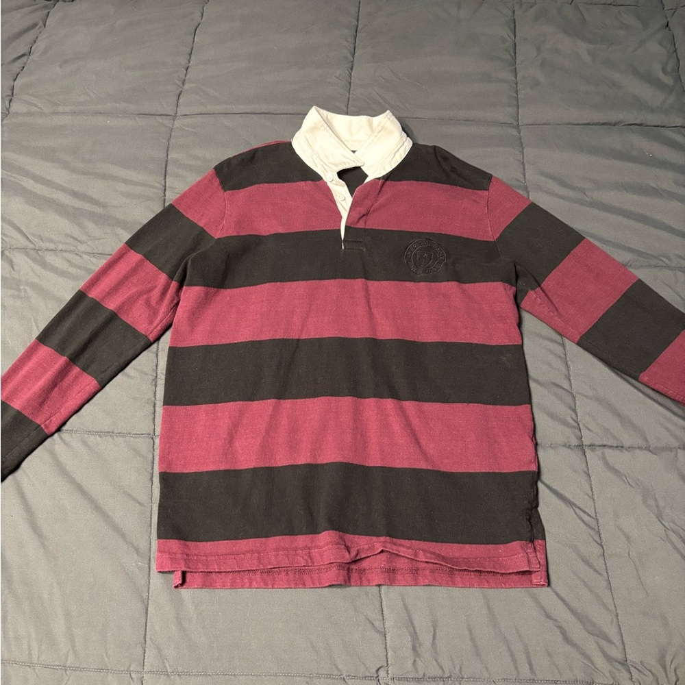 American Eagle Outfitters Burgundy and Black Rugby Shirt